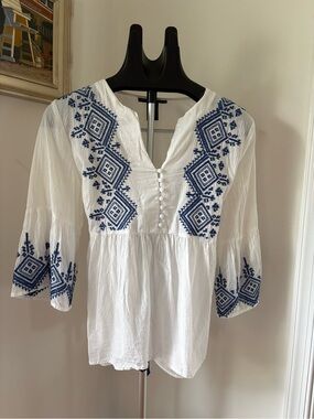 Marina Luna White Tunic with Blue Geometric Embroidery L Cottagecore